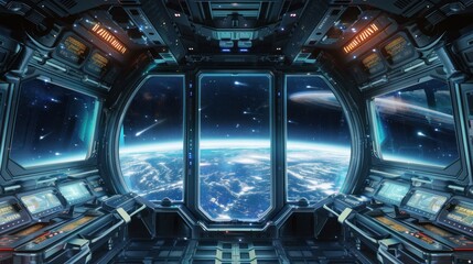 Futuristic spaceship interior with view of Earth and stars. Perfect for science fiction, space travel, and exploration concepts.