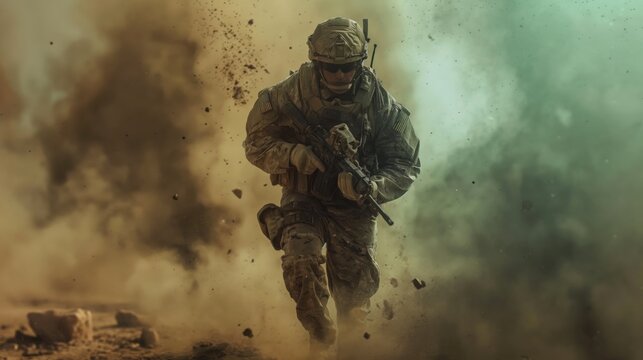 Soldier in Full Combat Gear Running Through Smoke and Debris During Battle