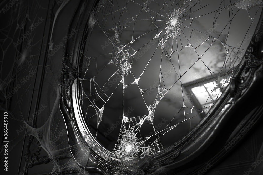 Poster broken antique mirror in eerie setting, reflecting light and creating a spooky, mysterious atmospher