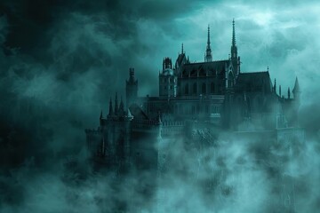 Mystical gothic castle shrouded in dense fog, capturing an eerie atmosphere perfect for fantasy, horror, or mysterious visual themes.