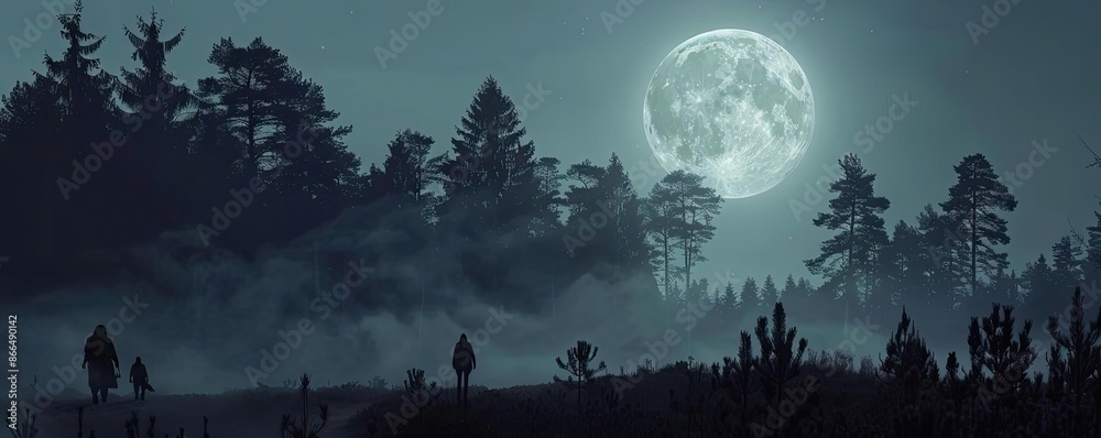 Poster mystical forest landscape with full moon illuminating misty trees, creating a serene and eerie night