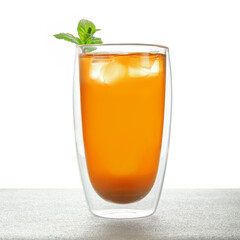 glass glass with a double bottom with bright summer cool lemonade with ice cubes garnished with mint leaves. White background. Summer cool drink. Summer mood.