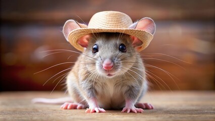 A close-up of a gray rat wearing a straw hat and posing for a photo