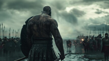 Powerful Viking Warrior Standing Alone Facing an Army Under Stormy Skies