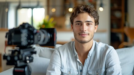 Fototapeta premium Confident Young Man Filming Social Media Content in Elegant Living Room with Natural Light