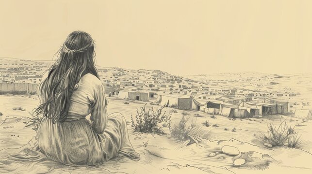 Numbers:Miriam and Aaron Oppose Moses,Numbers Miriam Struck with Leprosy, Isolated Outside Camp, Somber Scene, Need for Humility, Beige Background, Copyspace