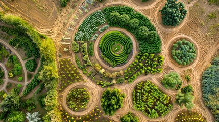 Sustainability and eco-friendly concept. Aerial View of Spiral Garden