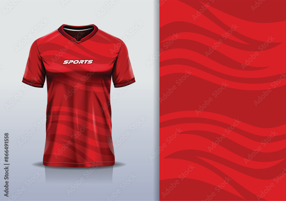 Wall mural Sport jersey template mockup curve wave design for football soccer, racing, running, e sports, red color