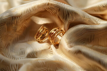 Beautiful golden earrings on beige fabric background, closeup