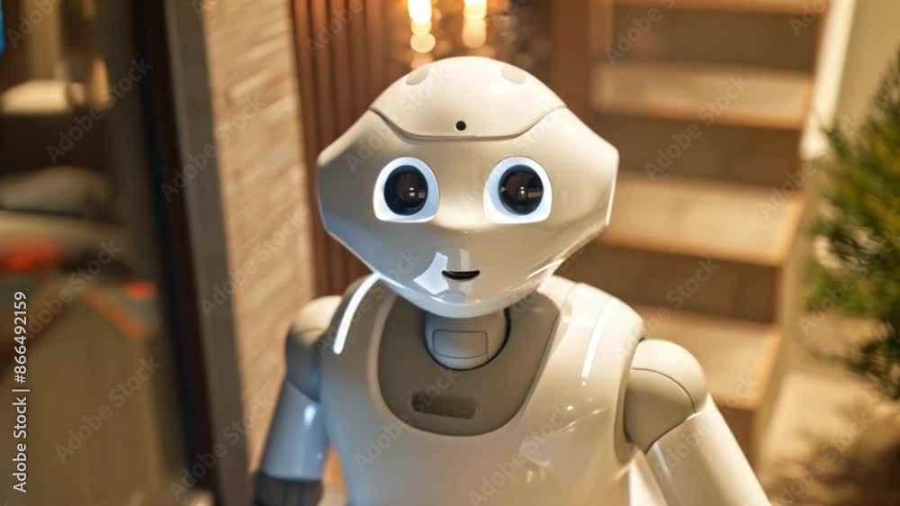 Aufkleber A white robot with a friendly face stands in the middle of a home, looking directly at the viewer.