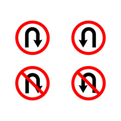 Right and Left Road Traffic U-Turn Icons and No U-Turn Signs. Isolated U Turn Vector Symbols
