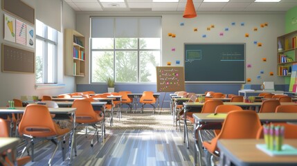 Show the school building with its various classrooms, hallways, and playgrounds. Include details such as students moving between classes, teachers engaged in instruction, and colorful bulletin boards 