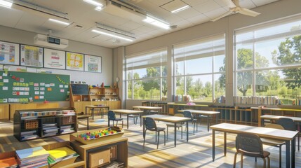 Show the school building with its various classrooms, hallways, and playgrounds. Include details such as students moving between classes, teachers engaged in instruction, and colorful bulletin boards 