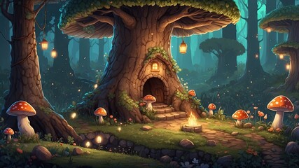 Fototapeta premium Illustration of magic mushrooms in the forest, fairy tale style