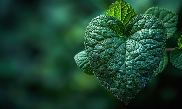 Vibrant heart-shaped green leaf on lush natural background; perfect for fresh springtime visuals with ample space for text." (147 characters)