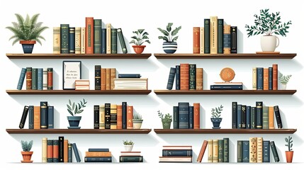 Fototapeta premium Book rows, stacks on shelves set. Kids literature spines, school textbooks and plants on bookcase, bookshelf. Home library. Colored flat graphic vector illustrations isolated on white background