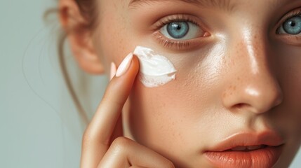 young woman is applying white cream on her clean face, skin care