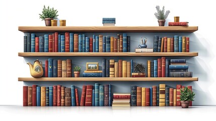 Book rows, stacks on shelves set. Kids literature spines, school textbooks and plants on bookcase, bookshelf. Home library. Colored flat graphic vector illustrations isolated on white background