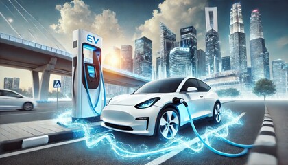 Modern White Electric Car Charging at Futuristic EV Station with Blue Energy Swirls