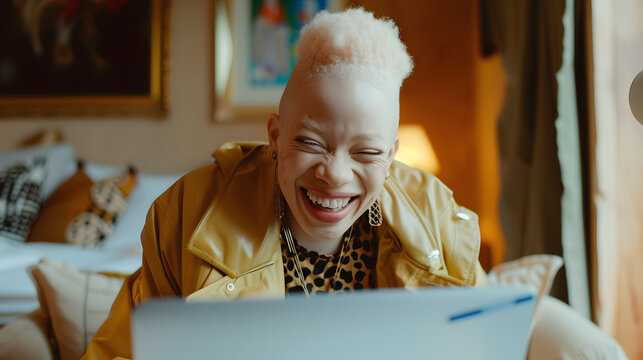 Happy albino woman working remotely at home. Candid black woman with albinism laughing on virtual video call on laptop. Inclusive 