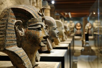 Fototapeta premium Closeup of egyptian pharaoh statues on display with selective focus and museum background