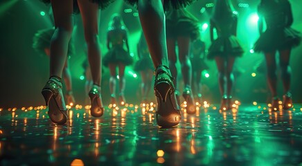 Legs in traditional Irish dance close-up on stage with bright green lighting and copy space. Concept of St. Patrick's celebration, ethnic dancing event.