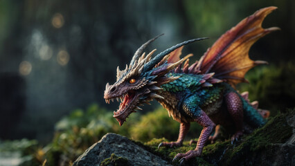 Tiny creepy fairy dragon, scary dark fairy forest, colorful little dragon, elf dragon, soft moss, generative AI