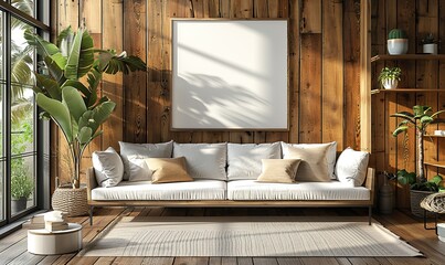 Modern living room with Japanese interior design, featuring a sofa and an empty frame on a wooden wall.