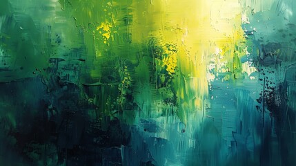 Abstract green and yellow oil painting on canvas.  Texture background of brushstrokes with impressionist style