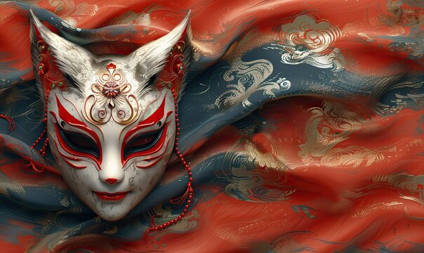 Japanese traditional mask kitsune kabuki bunny fox mask illustration, isolated on silky background with traditional Japan ethnic pattern. Copy space provided.