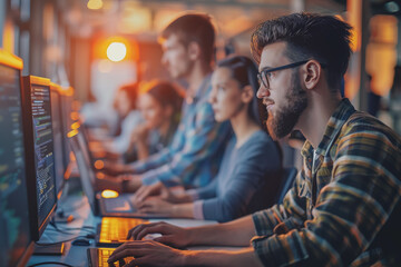 Obraz premium A group of developers men and women working together to program an e-commerce website.