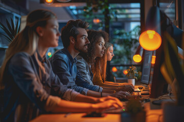 Obraz premium A group of developers men and women working together to program an e-commerce website.