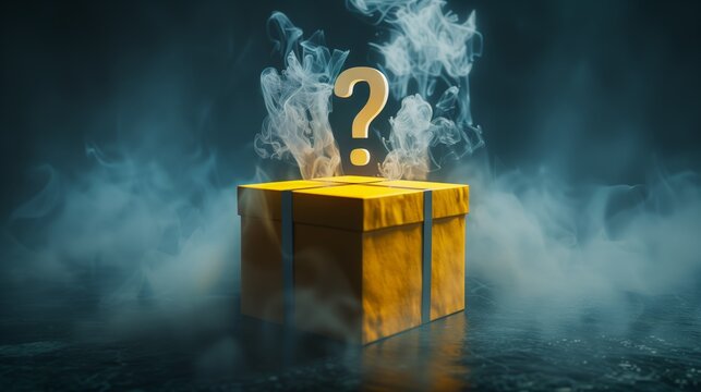 Mysterious box on a dark, misty background. A vibrant image a gift box with a luminous question mark