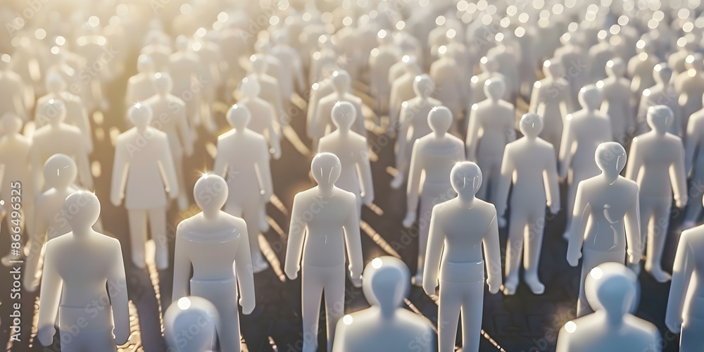 Poster creating a 3d rendering of a crowd of stick figure people. concept 3d rendering, crowd simulation, s