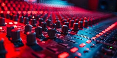 Wide shot of recording studio mixing console with red cinematic lighting. Concept Recording Studio, Mixing Console, Cinematic Lighting, Wide Shot
