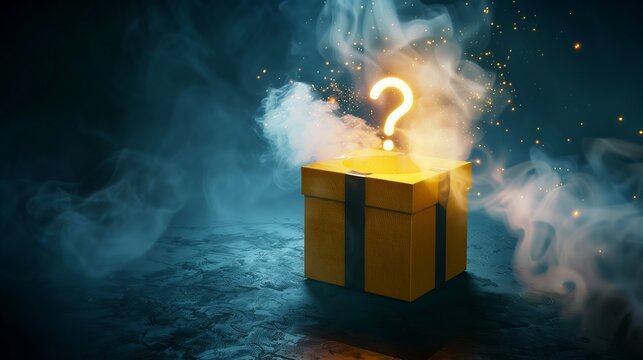 Mysterious box on a dark, misty background. A vibrant image a gift box with a luminous question mark