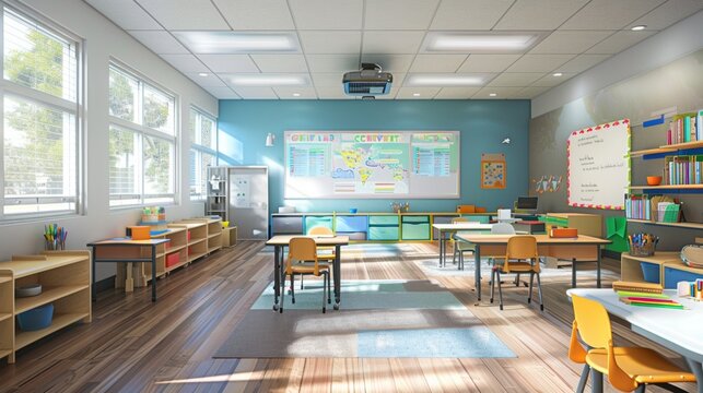 Show the school building with its various classrooms, hallways, and playgrounds. Include details such as students moving between classes, teachers engaged in instruction, and colorful bulletin boards  - Powered by Adobe