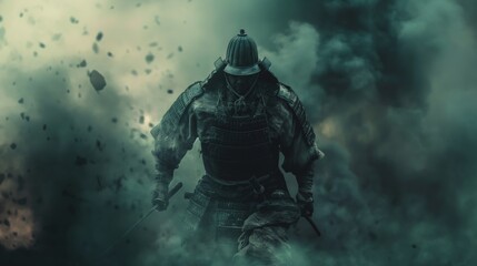 Fototapeta premium Samurai Warrior in Traditional Armor Advancing Through Dense Smoke and Debris on Battlefield