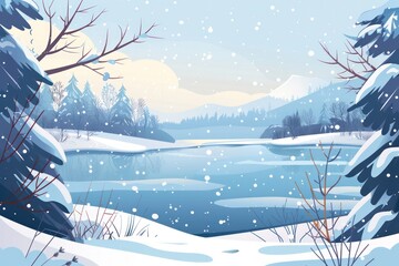 Fototapeta premium Snowy Winter Landscape Surrounded by Snow-Covered Trees and a Frozen Lake