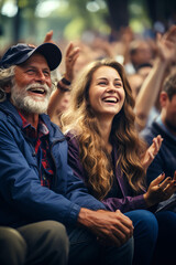 An older man and a young woman, both smiling and laughing, enjoying a moment together in a crowd, with people applauding in the background.