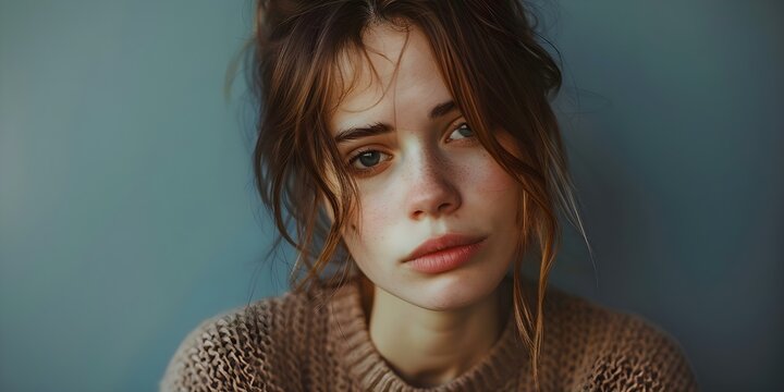 Depiction of a young woman expressing profound sorrow and mental health challenges. Concept Woman, Sorrow, Mental Health, Portrait, Emotional