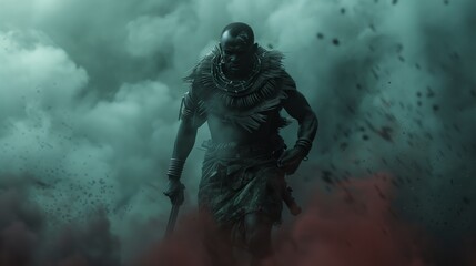 Fierce African Warrior Emerging from Smoke in Traditional Tribal Attire