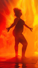 Dicke Frau posiert im schwarzen Outfit mit Yogamatte und Yoga-Pose