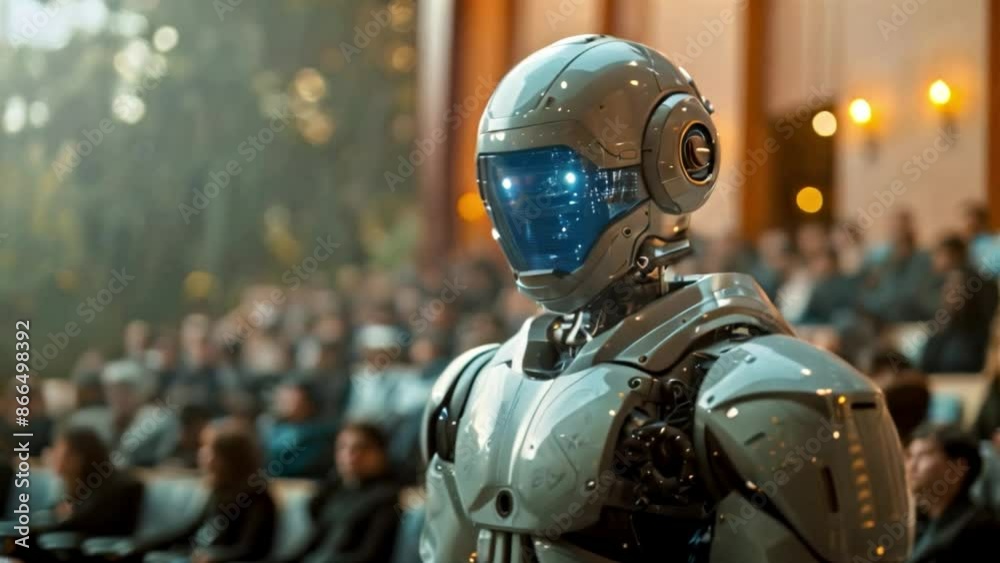 Poster a robot stands in front of a crowd, its blue eyes staring forward as it addresses the audience.
