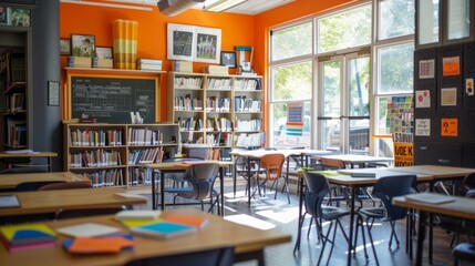 Show the school building with its various classrooms, hallways, and playgrounds. Include details such as students moving between classes, teachers engaged in instruction, and colorful bulletin boards 