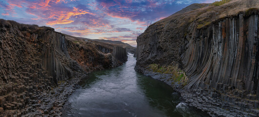 Aerial view of the Studlagil Canyon. Beautiful view of Jokulsa A Bru river. Superb outdoor scene of Iceland, Europe. Beauty of nature concept background.