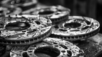 Monochrome image of used mountain bike brake discs in the workshop