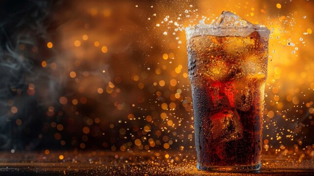 Closeup of a glass of cola with ice cubes, splashing and dripping.  Refreshing fizzy drink with bubbles, perfect for summer.