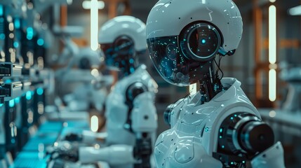 Modern AI lab featuring humanoid robots, advanced AI research equipment, and scientists developing innovative artificial intelligence solutions