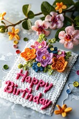 A beautiful birthday card featuring crocheted flowers and buttons, "Happy Birthday" text, perfect for a holiday celebration.